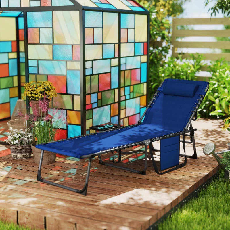 Outsunny Folding Outdoor Chaise Lounge Chair Tanning Chair with 5-Level Adjustable Back, Side Table, Pillow, Pocket, Dark Blue