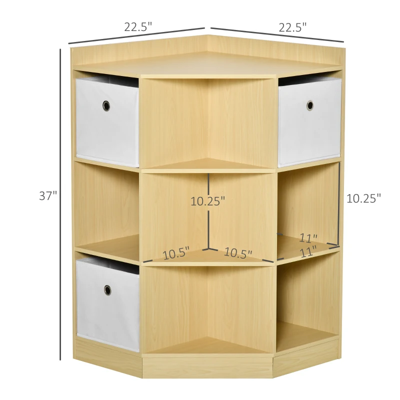 HOMCOM Kids Corner Cabinet, Cubby Toy Storage Organizer, Bookshelf Unit with Three Baskets for Playroom, Bedroom, Living Room, Natural
