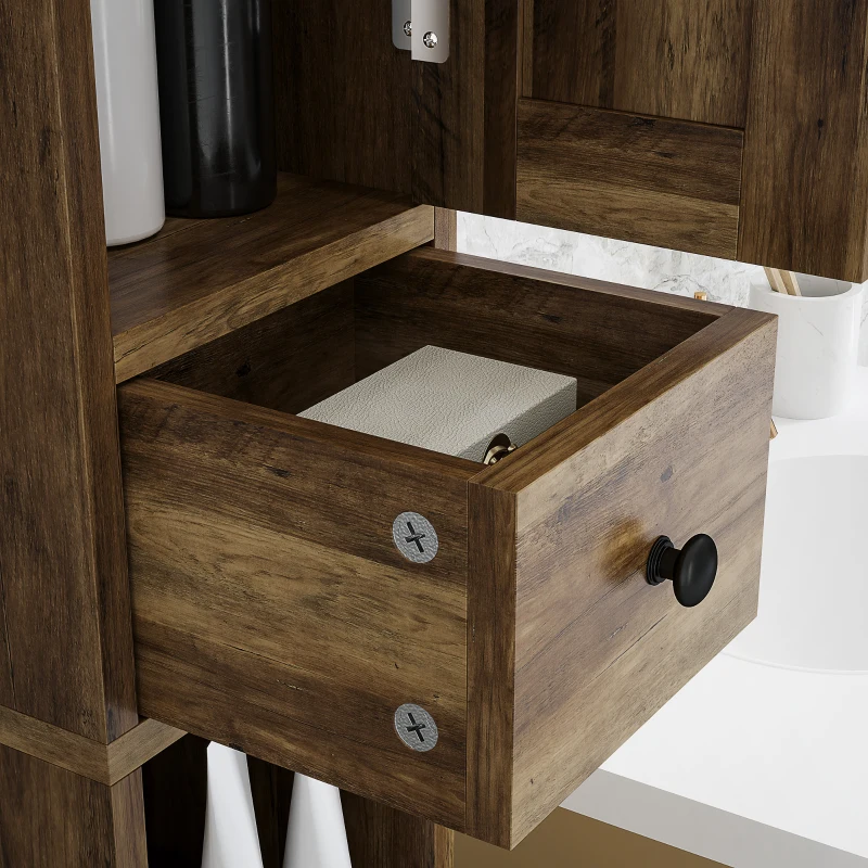 HOMCOM Narrow Bathroom Cabinet, Tall Bathroom Storage Cabinet with Barn Doors, Drawer and Adjustable Shelves, Brown Wood Grain