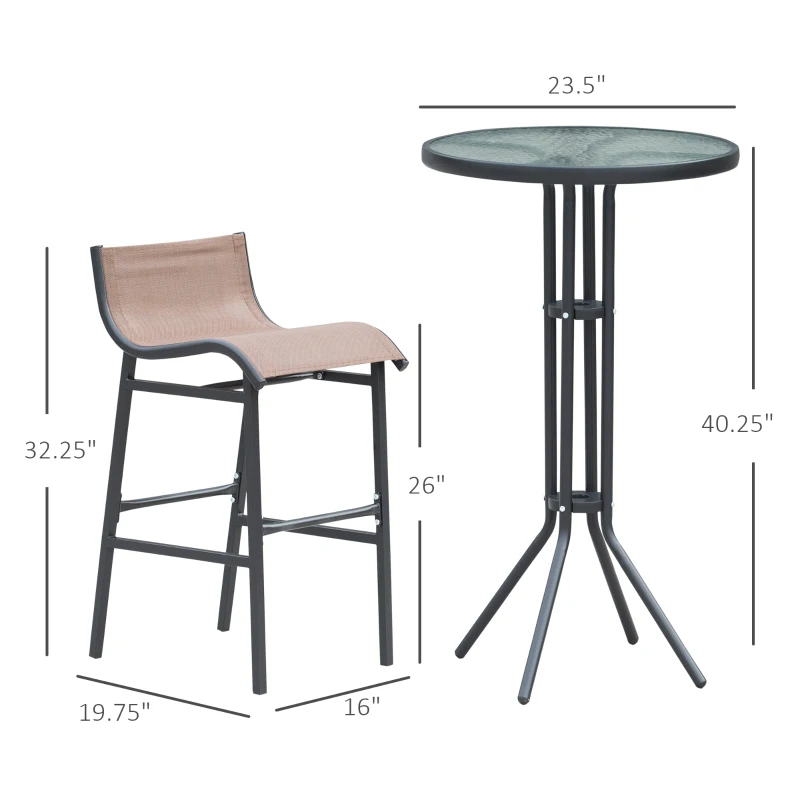 Outsunny 3Pcs Patio Bar Set, Outdoor Bistro Set with 2 Bar Stools and 1 Tempered Glass Bar Table, Dining Chat Set, Brown