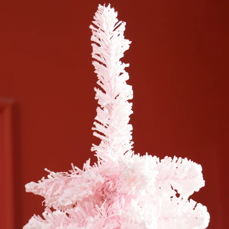 HOMCOM 7ft Snow-Flocked Artificial Christmas Tree, Slim Pencil Xmas Tree with 490 Realistic Branches, Metal Base, Pink