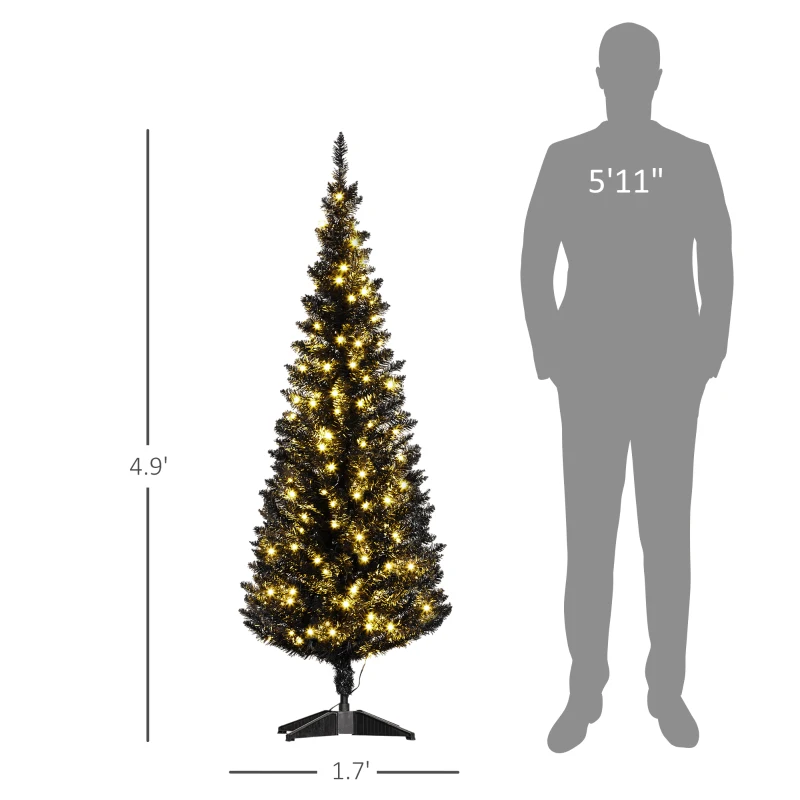 HOMCOM 5ft Pencil Christmas Tree, Slim Artificial Christmas Tree with Realistic Branches and Warm White LED Lights, Black