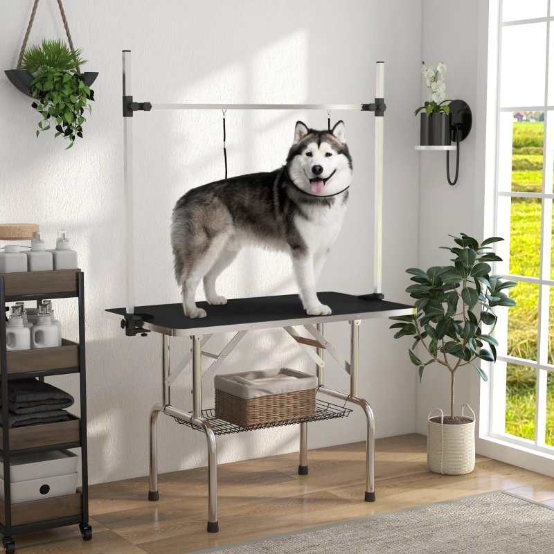 PawHut Adjustable Dog Grooming Table with 2 Safety Slings, Storage Basket, Black