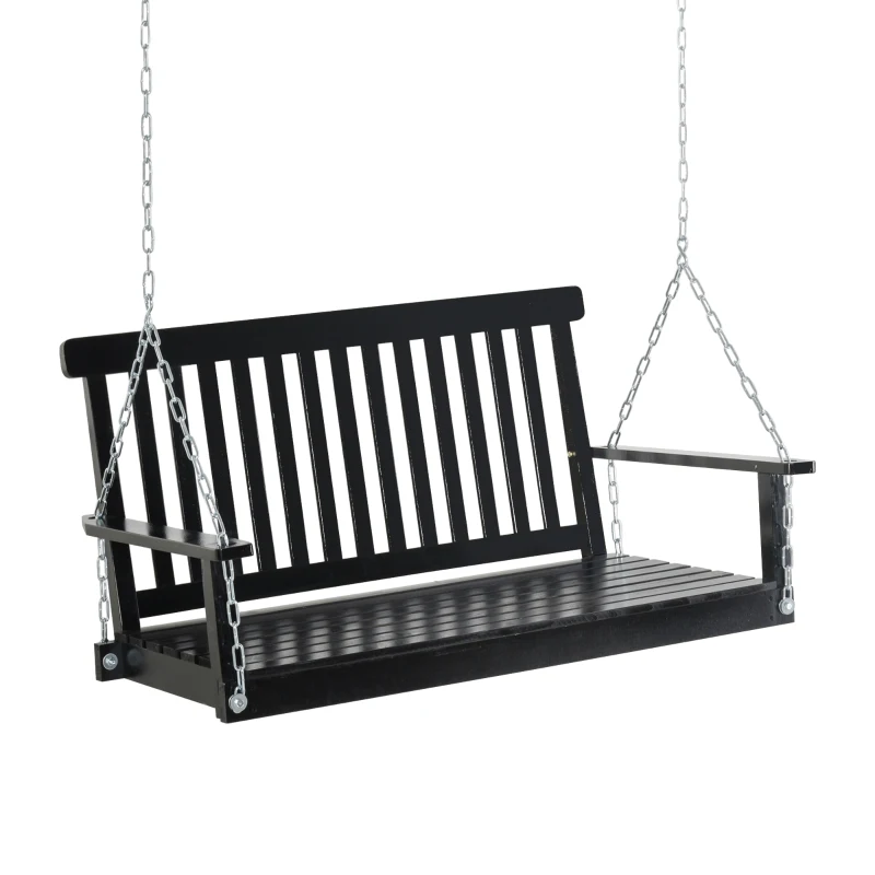 Outsunny 2-Seater Patio Swing Chair, Fir Wooden Porch Swing with Slatted Design, Hanging Chains for Outdoor, Garden, Black