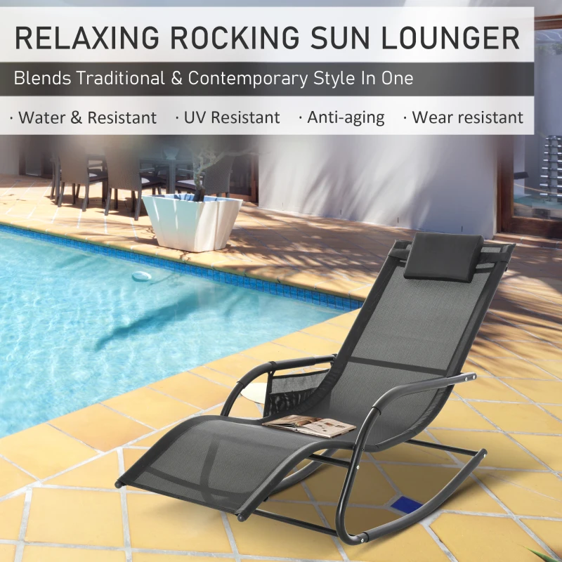 Outsunny Outdoor Rocking Chair, Chaise Lounge Pool Chair for Sun Tanning, Sunbathing, a Rocker with Side Pocket, Armrests & Pillow for Patio, Lawn, Beach, Black