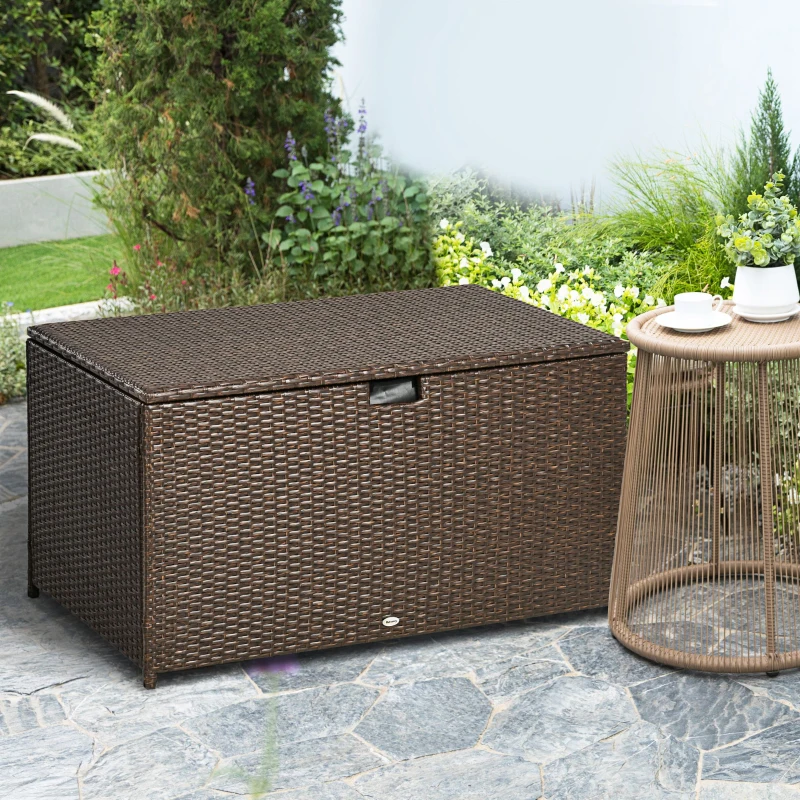 Outsunny 113 Gallon Outdoor Storage Box, Rattan Deck Box for Indoor, Patio Furniture Cushions, Pool Garden Tools, Brown
