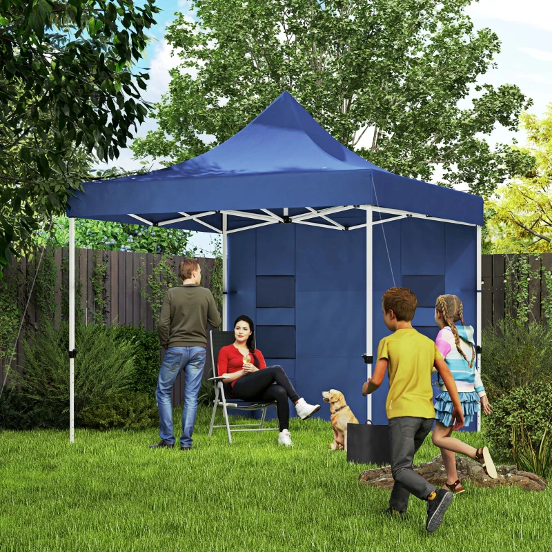 Outsunny 10' x 10' Heavy Duty Pop Up Canopy Tent with Sidewall, UPF50+ Instant Sun Shelter with Storage Pockets, Dark Blue