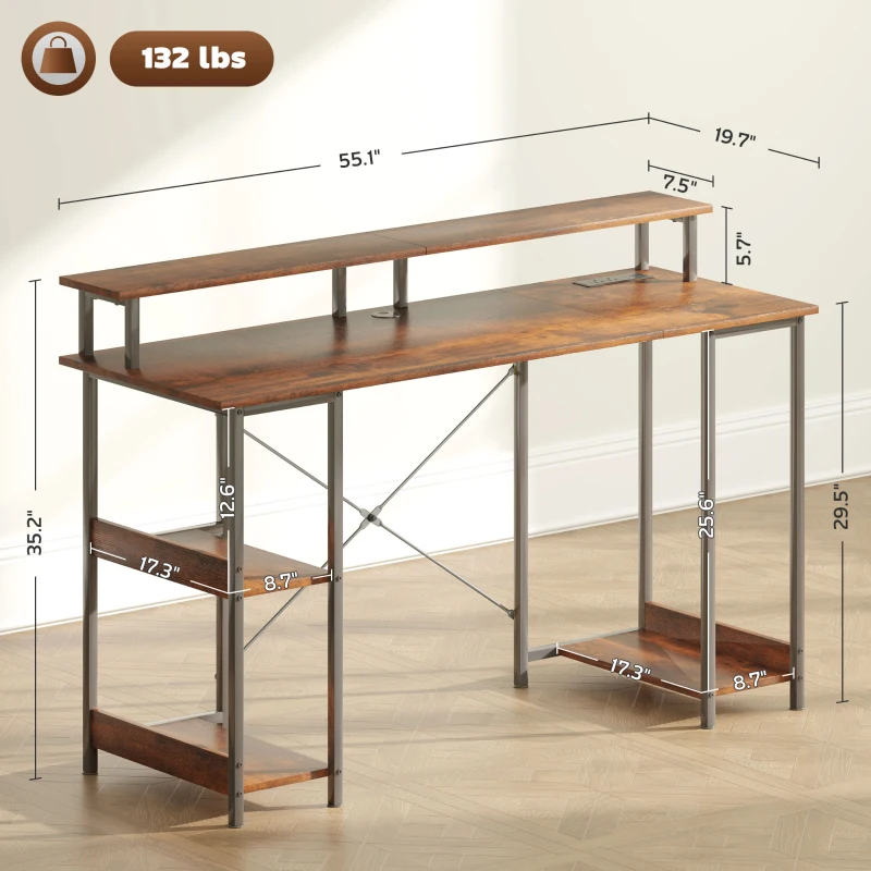 HOMCOM Computer Desk with Storage, 55" Reversible Computer Table with Power Outlets and LED Lights, Rustic Brown