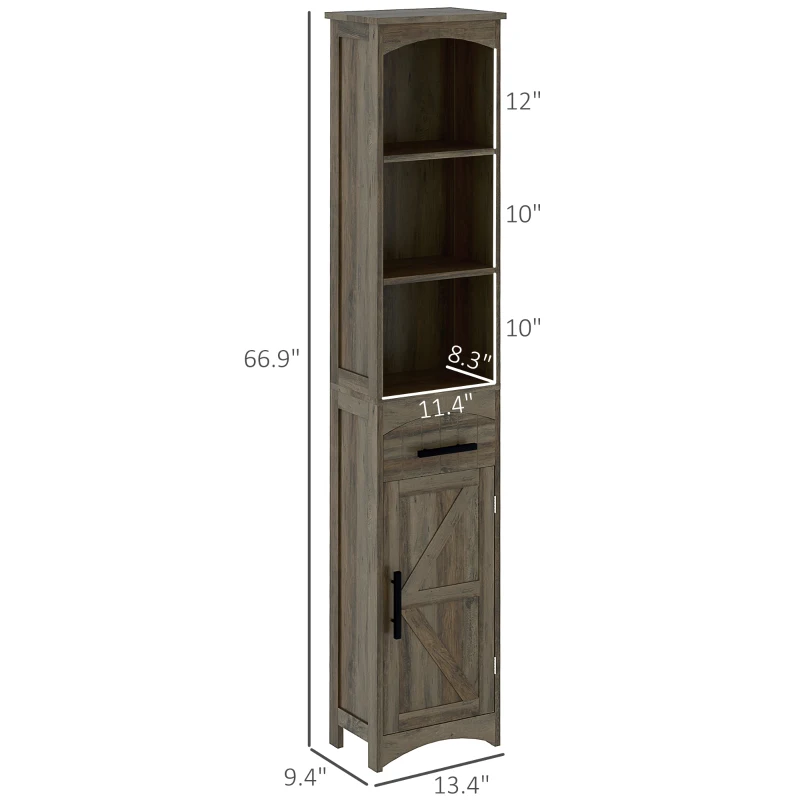HOMCOM Farmhouse Tall Slim Bathroom Storage Cabinet with Recessed Drawer, Narrow Cabinet with Barn Door, Weathered Gray Oak