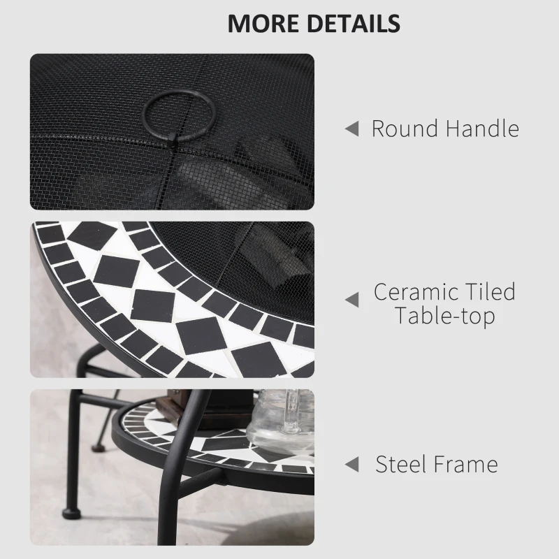 Outsunny 30" Outdoor Fire Pit Dining Table, 3-in-1 Round Wood Burning Fire Pit Bowl, Patio Ice Bucket with Storage Shelf, Spark Screen Cover for BBQ, Bonfire, Camping, Mosaic