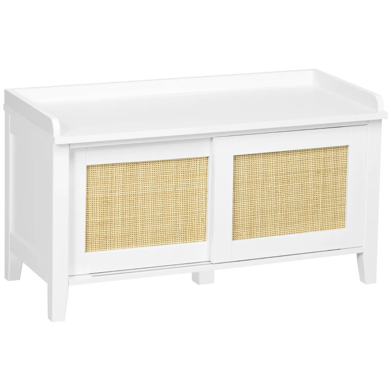 HOMCOM Entry Way Bench Shoe Storage Bench with Shoe Cabinets 2 Rattan Sliding Doors and Pine Wood Legs for Hallway White