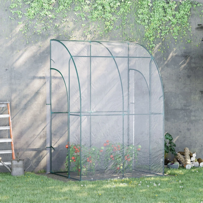 Outsunny 5' x 4' x 7' Lean-to Greenhouse, Walk-in Wall Mounted Hot House & Plant Nursery with 2 Zippered Roll Up Doors, Sloping PVC Cover, Green and Clear