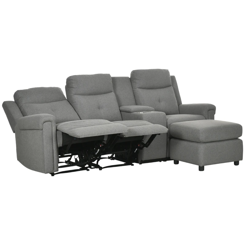 HOMCOM L-Shaped Sofa, Manual Reclining Sectional with Chaise Ottoman, Storage Console, Cup Holders, USB Charging, Gray