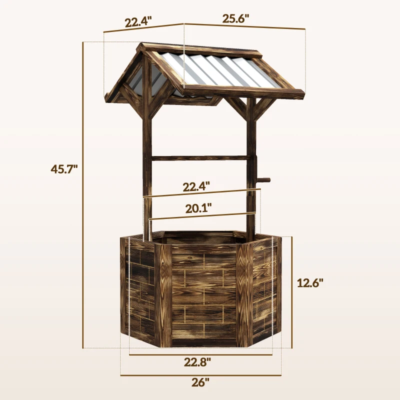 Outsunny Wooden Wishing Well Planter, Raised Garden Bed with Galvanized Canopy, Hexagon Raised Flower Bed for Garden, Tan