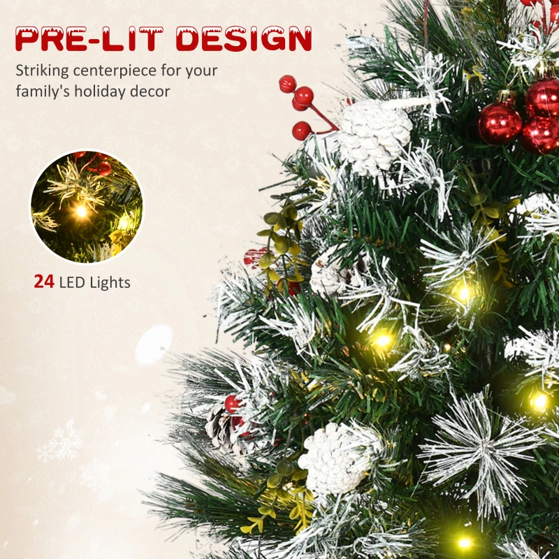 HOMCOM 2.5 Ft/30" 2 Pack Outdoor Entryway Pre-Lit Artificial Christmas Tree Cordless with 70 Branches, Warm White LED lights, Red Berries, Pine Cones, Balls, Green