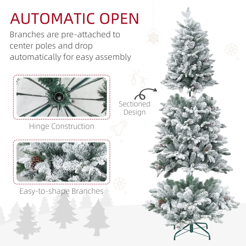 HOMCOM 6ft Flocked Artificial Christmas Tree with 1489 Snow Tips, Pinecones, Metal Stand, Hinged Xmas Tree for Home