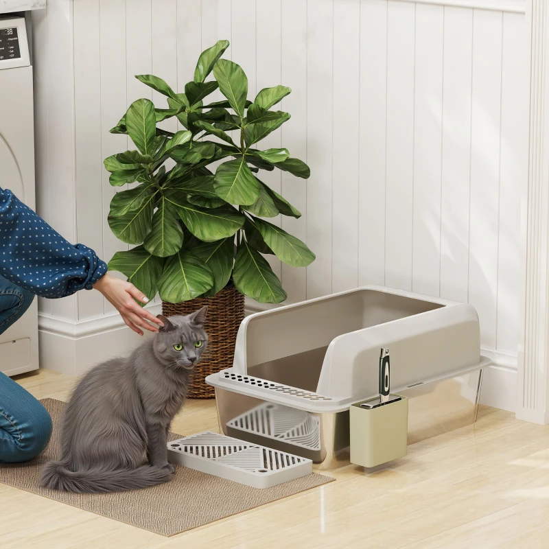 PawHut Stainless Steel Litter Box with Metal Scoop & Scoop Holder, High Sided, Anti-Urine Leakage, Non-Sticky