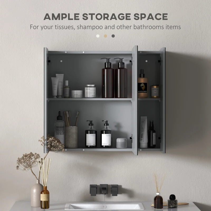 kleankin 28" x 24" Wall Mounted Mirror Cabinet, Bathroom Medicine Cabinet with Mirror, 3 Doors and Adjustable Shelves, Grey