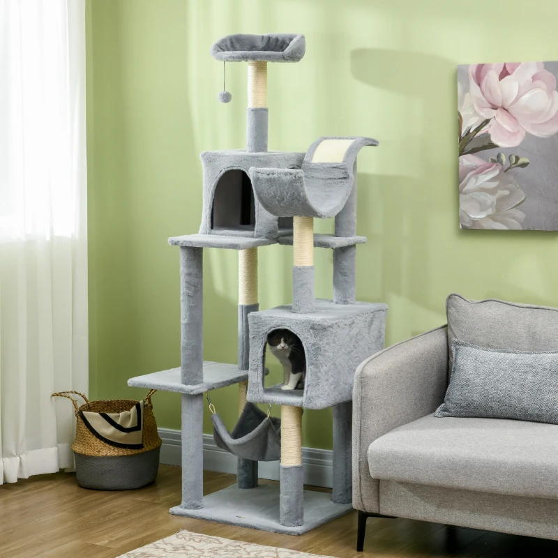 PawHut Tall Cat Tree for Indoor Cats, 70" Multi-Level Cat Tower with Hammock, Cat Bed, Cat Condo with Sisal Scratching Posts, Bluish Grey