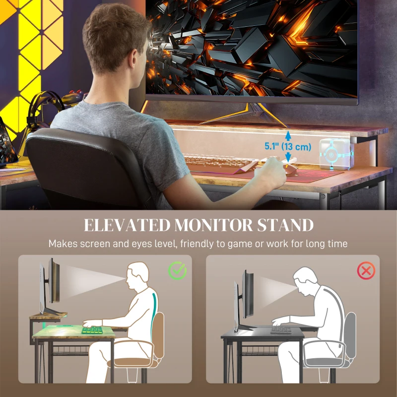 HOMCOM Reversible L Shaped Desk with Lights, Power Outlet, USB Ports, Corner Desk with Storage for Home Office, Brown