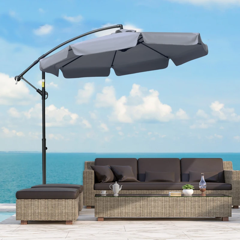 Outsunny 9FT Offset Hanging Patio Umbrella Cantilever Umbrella with Easy Tilt Adjustment, Cross Base and 8 Ribs for Backyard, Poolside, Lawn and Garden, Dark Grey