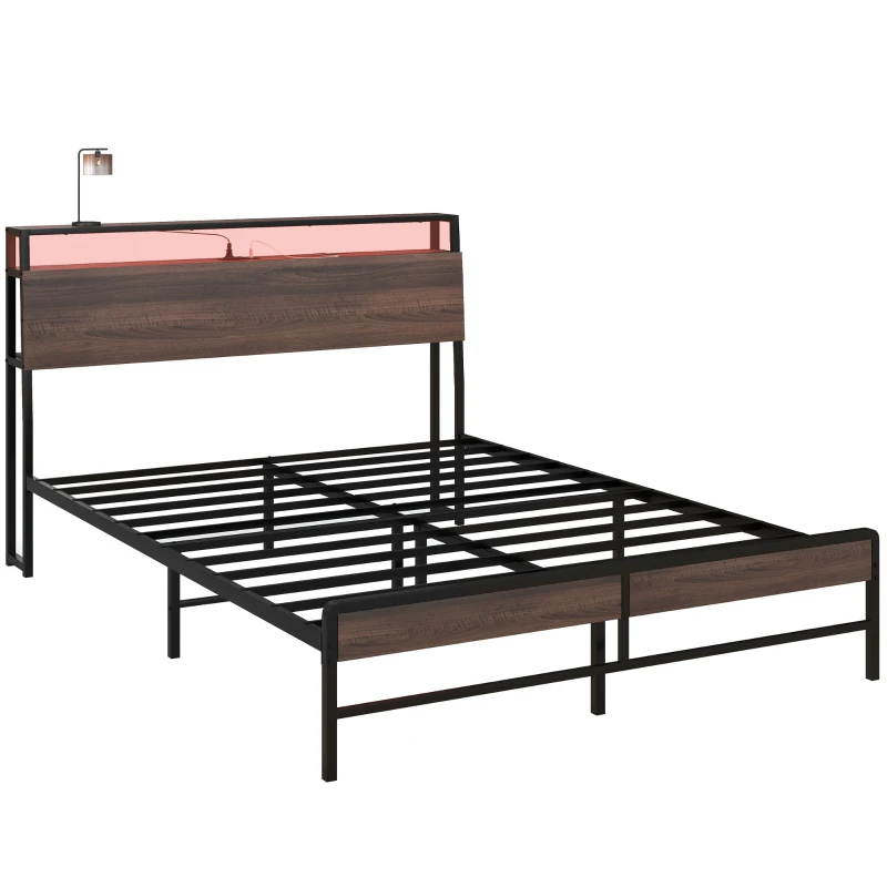 HOMCOM Queen Size Bed Frame with LED Lights and Charging Station, Queen Bed Frame with Storage Headboard, Noise-Free, Walnut