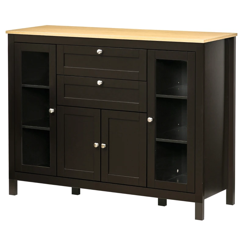 HOMCOM 47" Sideboard, Buffet Cabinet with Rubber Wood Top, Glass Door, Coffee Bar Cabinet, Kitchen Cabinet with Drawers, Adjustable Shelving for Living Room, Brown