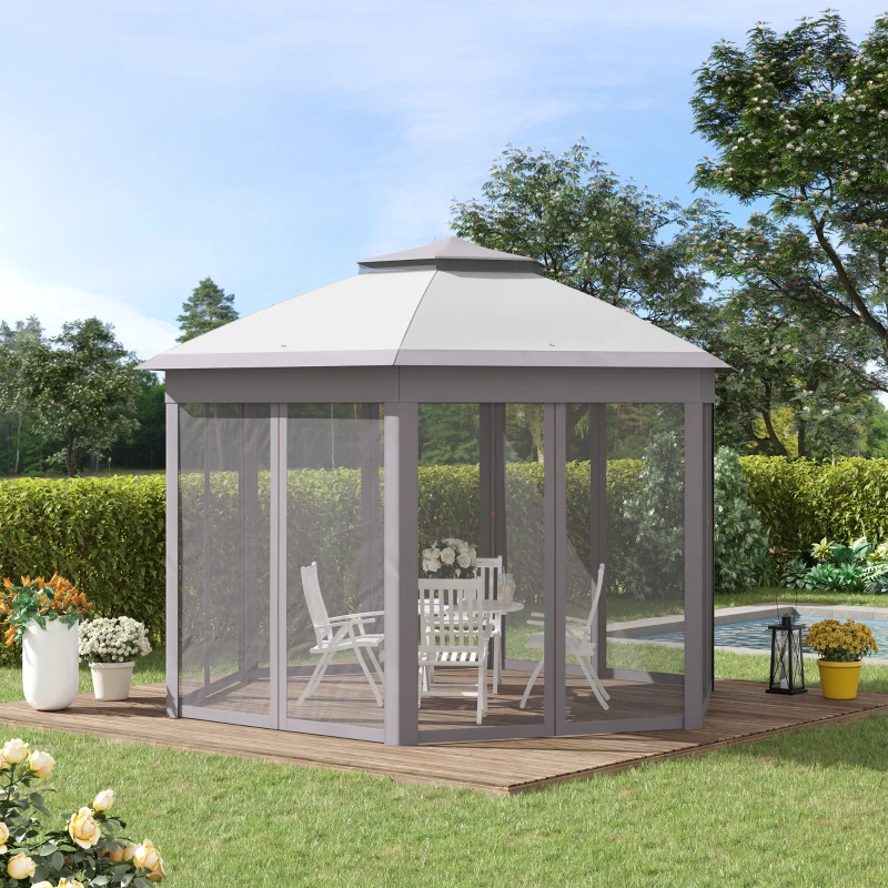 Outsunny 11' x 13' Pop Up Gazebo Canopy Tent with Zippered Mesh Sidewalls and Carrying Bag, Event Tent Shelter for Patio Garden Backyard, Gray