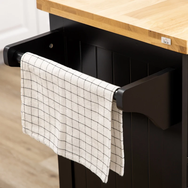 HOMCOM Rolling Kitchen Island with Storage, Utility Kitchen Island Cart with Drawer, Cabinets, Towel Rack and Rubber Wood Top