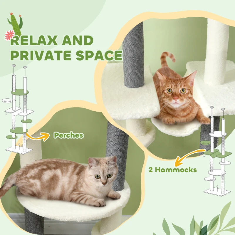PawHut 89"- 100" Floor to Ceiling Cat Tree with Scratching Posts, Hammock, Perches & Toy Balls, White