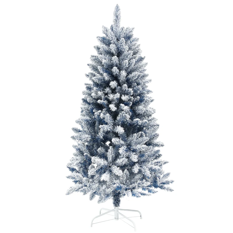 HOMCOM 5ft Flocked Blue Christmas Tree, Artificial Christmas Tree with Hinged Design, Faux Snow, for Home Office Holiday Xmas