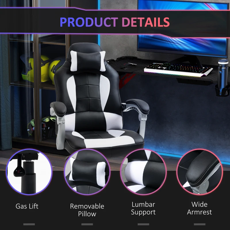 HOMCOM High Back Office Chair, Executive Racing Gaming Chair, Adjustable Recliner with Removable Headrest Pillow for Office, White and Black