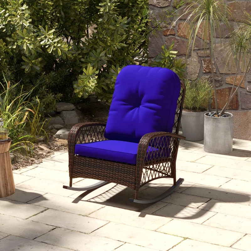 Outsunny Outdoor Wicker Rattan Rocking Chair Patio Rocker with Thick Cushions for Garden Backyard Porch, Dark Blue