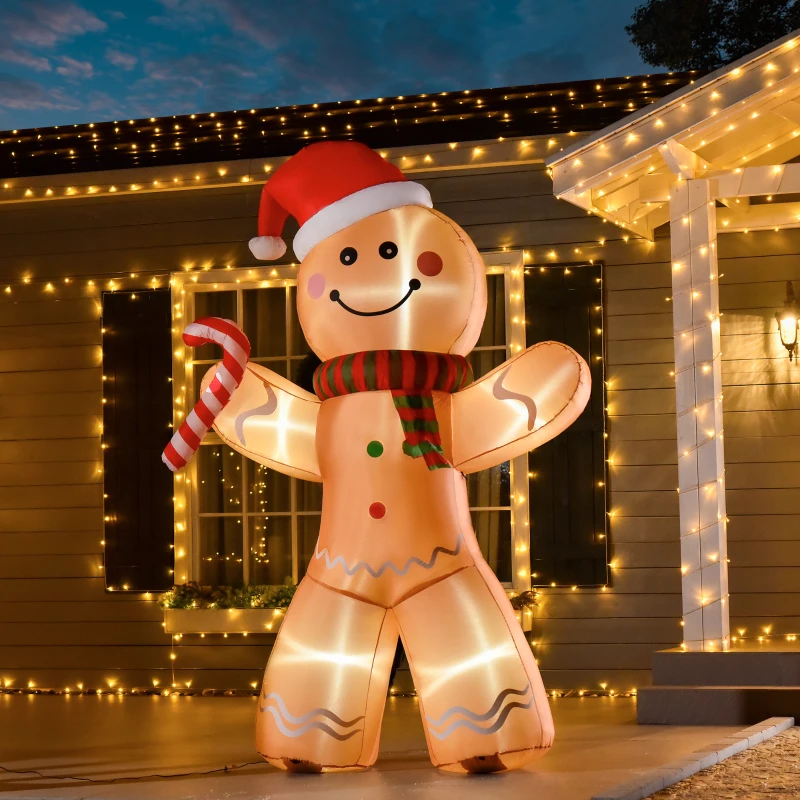 HOMCOM 8ft Christmas Inflatable Gingerbread Man with a Candy Cane, Outdoor Blow-Up Yard Decoration with LED Lights Display