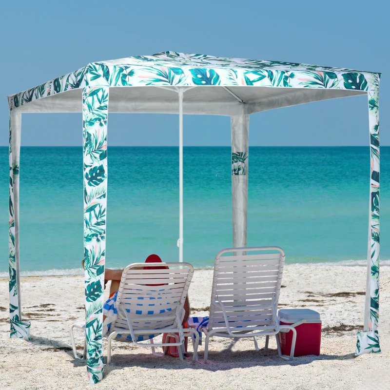 Outsunny Quick Beach Cabana Canopy Umbrella, 8' Easy-Assembly Sun-Shade Shelter with Sandbags and Carry Bag, Cool UV50+ Fits Kids & Family, Green Coconut Palm