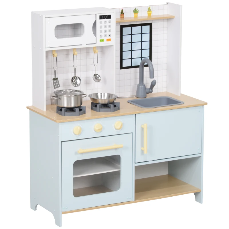 Qaba Pretend Play Kitchen, Kids Kitchen Playset with Stove Microwave Oven, Turning Knobs, Cooking Accessories