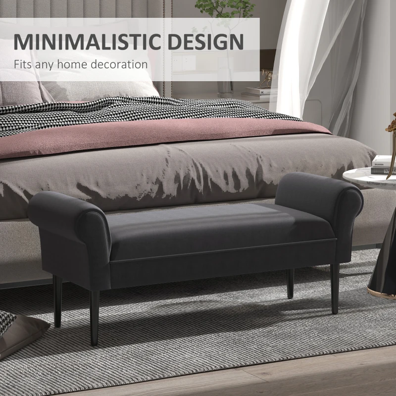 HOMCOM 52" End of Bed Bench, Linen Upholstered Ottoman Bench, Bedroom Entryway Bench With Armrests, Dark Gray