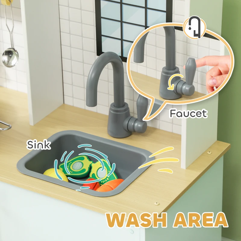 Qaba Pretend Play Kitchen, Kids Kitchen Playset with Stove Microwave Oven, Turning Knobs, Cooking Accessories