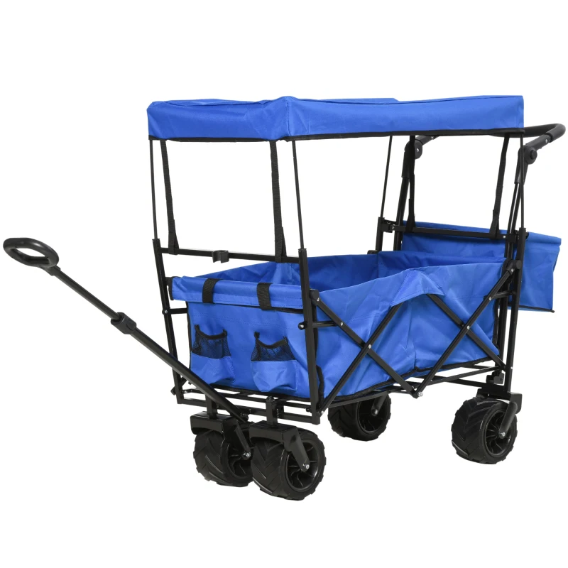 Outsunny Collapsible Folding Garden Utility Cart Wagon with Adjustable Push/Pull Handle, Canopy & All-Terrain Wheels, Blue