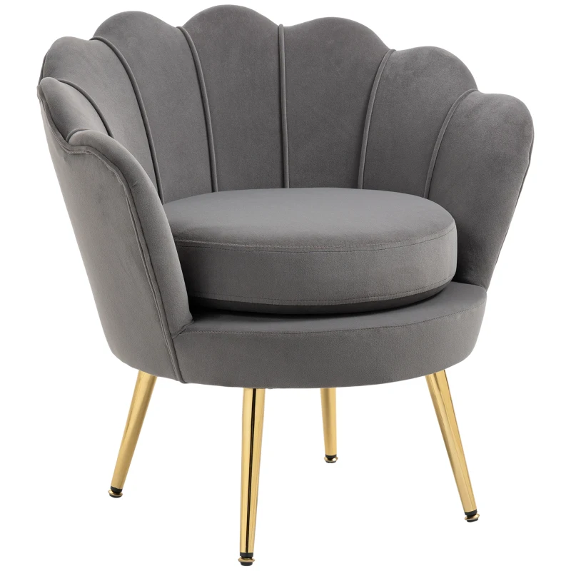 HOMCOM Modern Accent Chair, Velvet-Touch Fabric Leisure Club Chair with Gold Metal Legs for Bedroom, Grey