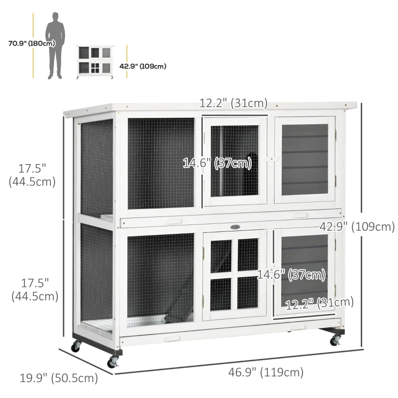 PawHut 2 Tier Wooden Rabbit Hutch with Wheels, Waterproof Roof, Removable Tray for Outdoor & Indoor, Dark Grey