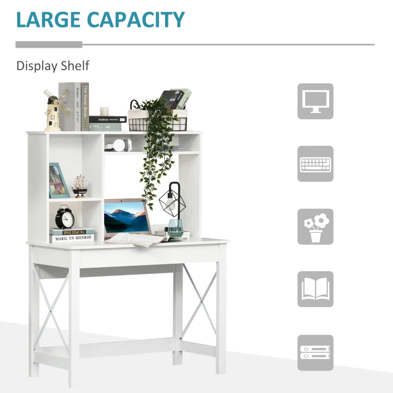 HOMCOM Computer Desk with Hutch, Home Office Table with Storage Shelves and Open Compartments for Writing, Work, White