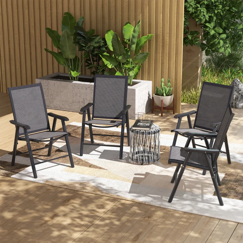 Outsunny 4-Piece Folding Chair Set for Relaxing on Patio Balcony Garden, Comfortable Outdoor Furniture with Armrests, Dark Grey