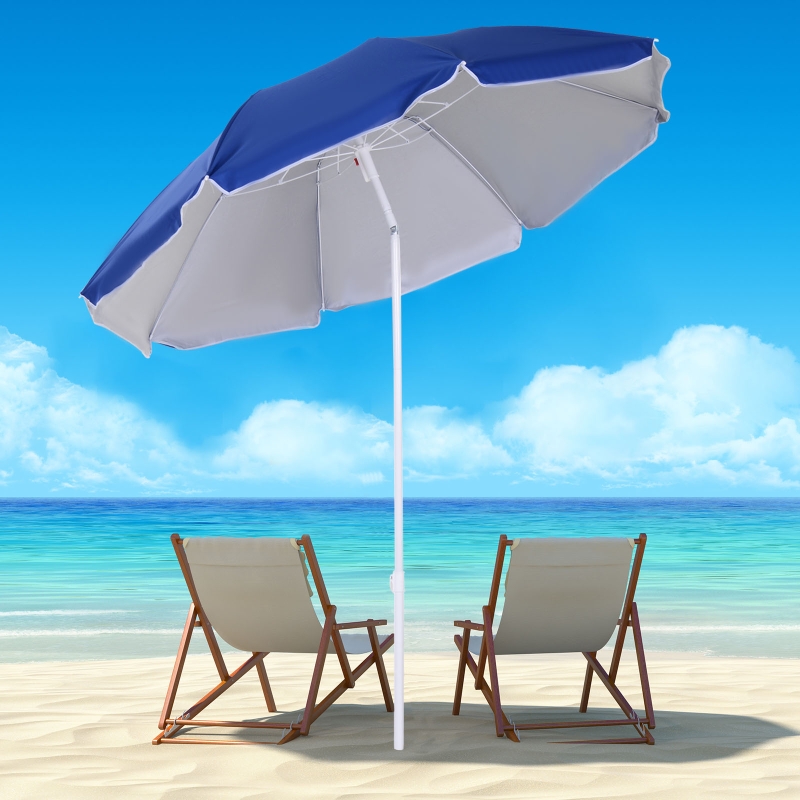 Outsunny 6.7ft Beach Umbrella With Tilt - Blue Outdoor Umbrella With Carry Bag & 8 Metal Ribs