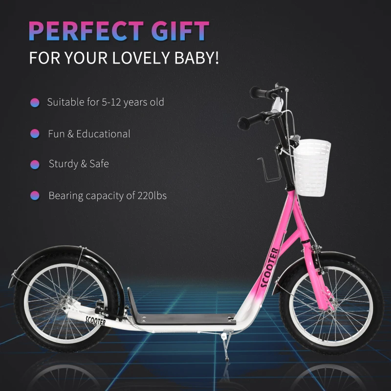 Aosom Youth Scooter, Kick Scooter with Adjustable Handlebars, Double Brakes, 16" Inflatable Rubber Tires, Basket, Cupholder, Pink