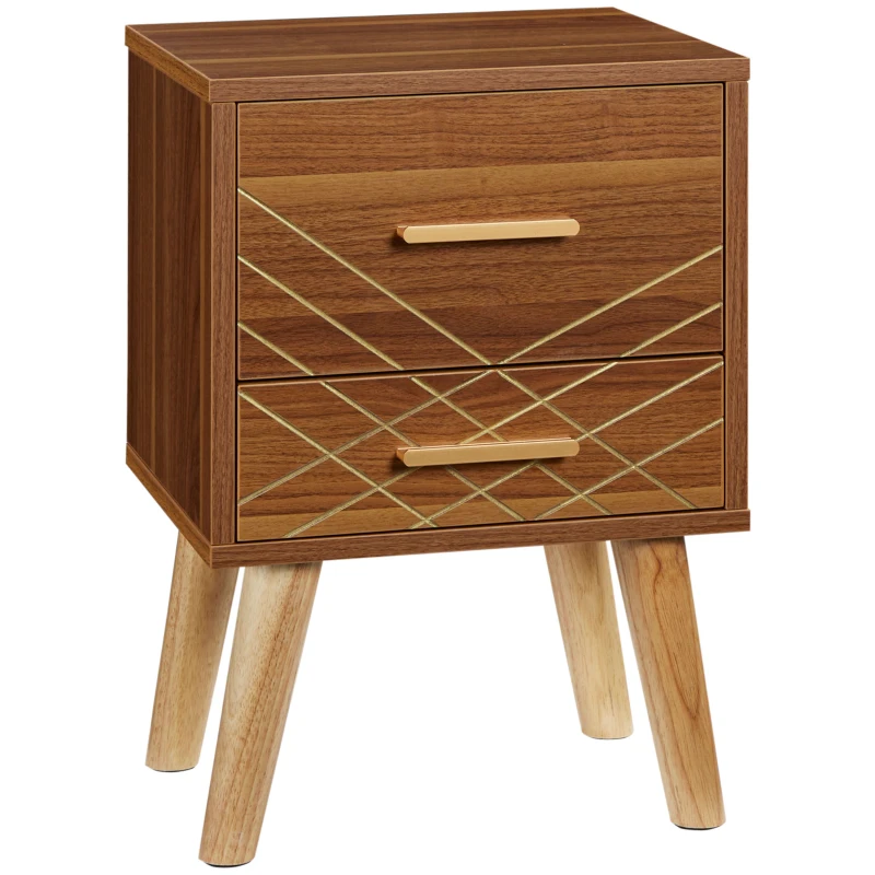 HOMCOM Scandinavian Bedside Table, Side End Table with 2 Drawers and Wood Legs, 13.8" x 12.6" x 20.3", Brown