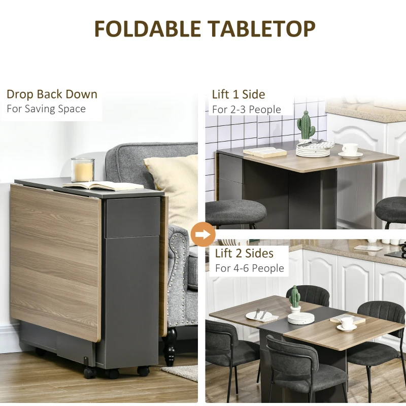 HOMCOM Extendable Dining Table, Drop Leaf Table with 2 Drawers and Storage Cabinet, Folding Dining Table with 6 Wheels