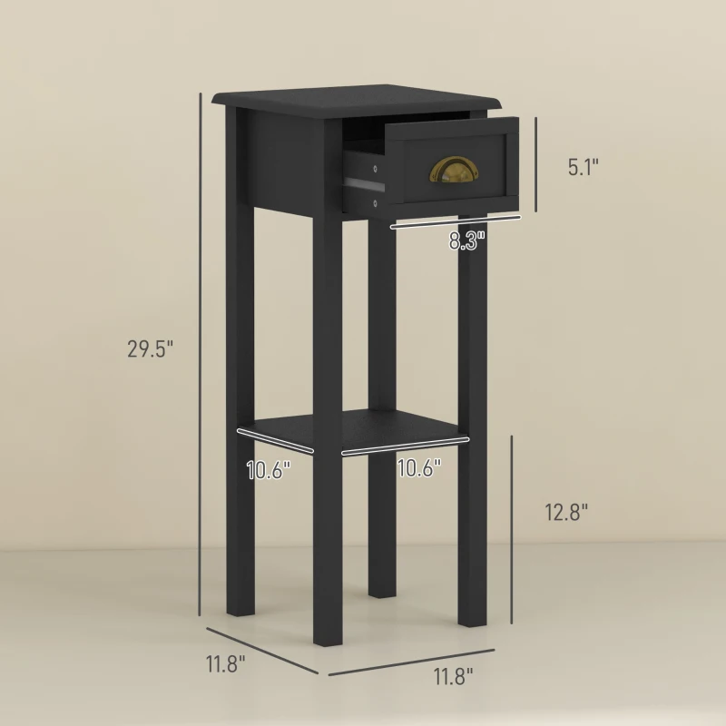 HOMCOM 2-Tier Side Tables Set of 2 with Drawer and Shelf, 2 Pieces End Tables for Living Room and Hallway, Black