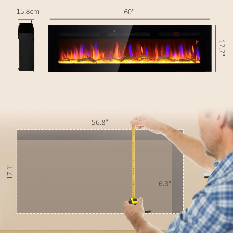 HOMCOM 60" Recessed or Wall Mounted Electric Fireplace Heater with Remote Control, Adjustable Flame Color and Brightness