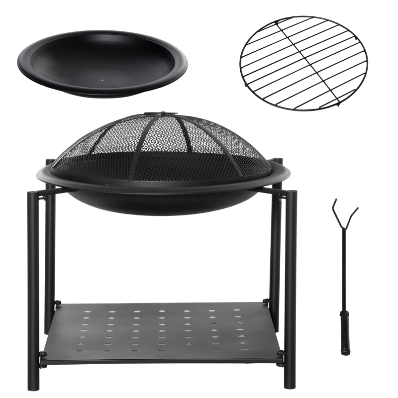 Outsunny 29.1in Outdoor Fire Pit with Screen Cover and Storage Shelf, Wood Burning Fire Bowl with Poker for Patio, Backyard, Black